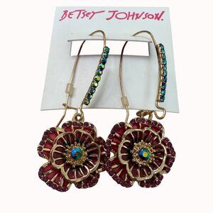 Betsey Johnson Pink & Gold Floral Drop Earrings Rhinestone, Garden Girl, Whimsy,